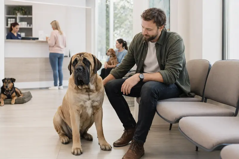 Ein Englischer Mastiff sitzt ruhig neben seinem Besitzer im hellen Wartezimmer einer modernen Tierarztpraxis.